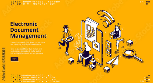 Electronic document management banner. Online documents storage, digital system of paper organization. Vector landing page of manage business paperwork with isometric people and electronic device