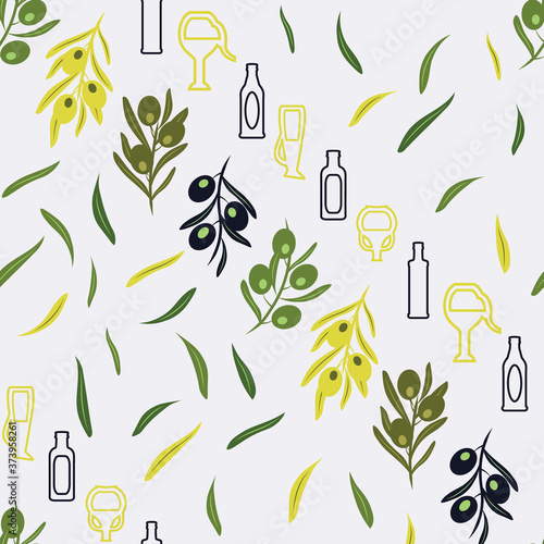 Greek Style bottles, jars, olive leaves on grey background