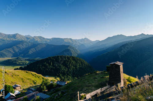 landscape view over village in the historical region of Tusheti, Georgia