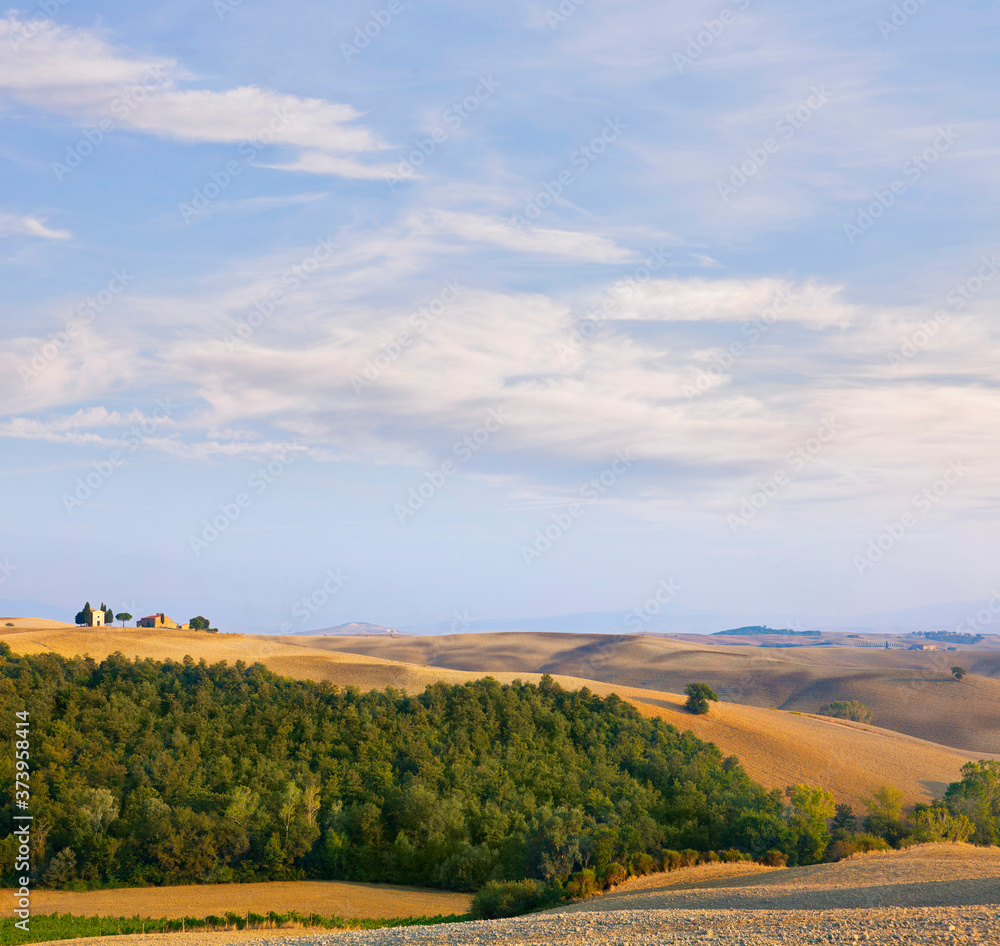 Beautiful landscape in Tuscany with the chapel of san quirico d orcia.