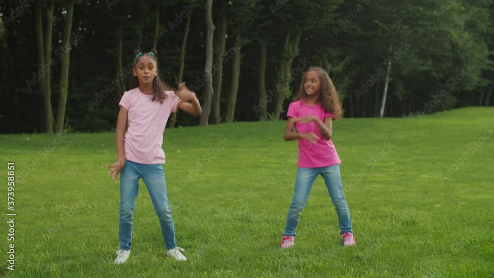 Two joyful carefree elementary age african american sisters performing hip hop dance on park lawn. Excited little mixed race girls having fun dancing in summer nature while enjoying leisure together. Two joyful carefree elementary age african american sisters performing hip hop dance on park lawn. Excited little mixed race girls having fun dancing in summer nature while enjoying leisure together.