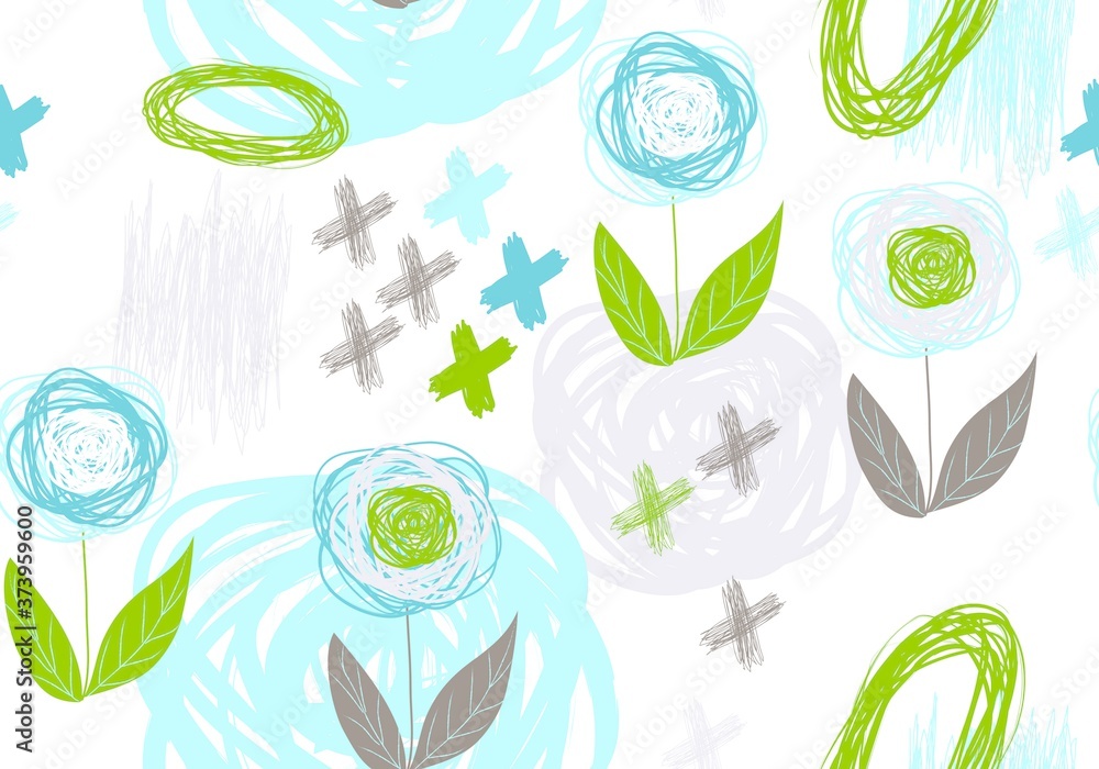 Obraz premium Seamless pattern of silhouettes of leaves surrounded by lines, crosses and blots on a white background.