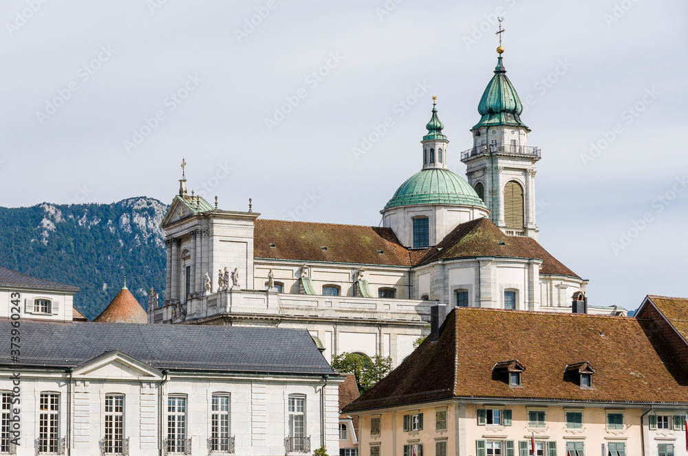 Solothurn, Kathedrale, St. Ursen-Kathedrale, Altstadt, Barock, historische Häuser, Stadt, Aare, Fluss, Sommer, Jura, Schweiz