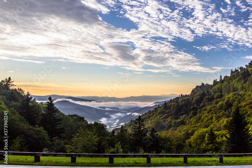 Great Smoky Mountains Sunset Panorama. Sunset at a roadside overlook on the Newfound Gap Road of the Great Smoky Mountains National Park in Gatlinburg, Tennessee.