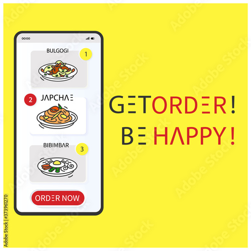 Order Korean food online in smartphone app. Interface Asian food menu .Japchae ,Bulgogi ,Bibimbap are traditional korean dishes. Mobile UI design vector element
