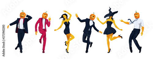 Elegantly dressed in evening dress, pumpkin jack o lantern and adorable witches dance in variable poses. All Saints Eve concept banner. Dancing young people header. Vector flat design illustration.
