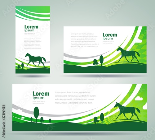 Set Roll up banner horse, meadow curves green color background