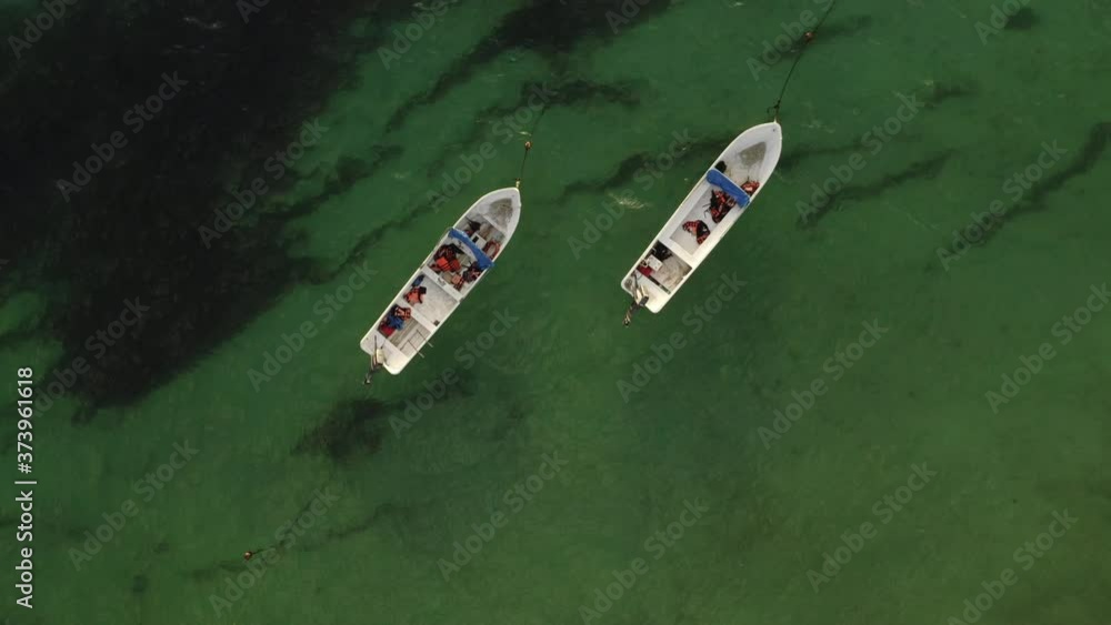 Overhead aerial view of fishing boats near beach floating surrounded by deep green ocean Overhead aerial view of fishing boats near beach floating surrounded by deep green ocean