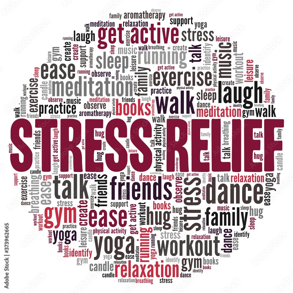 Stress relief vector illustration word cloud isolated on a white background. Stress relief vector illustration word cloud isolated on a white background.