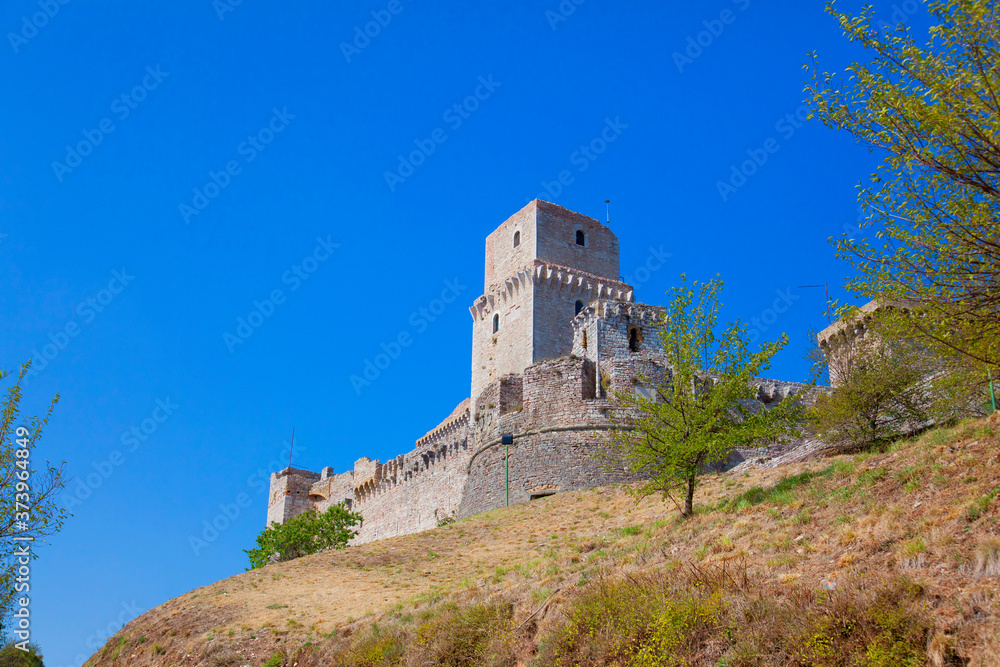 View of the Rocca Maggiore fortress, the famous city of Assisi, Umbria, Italy.