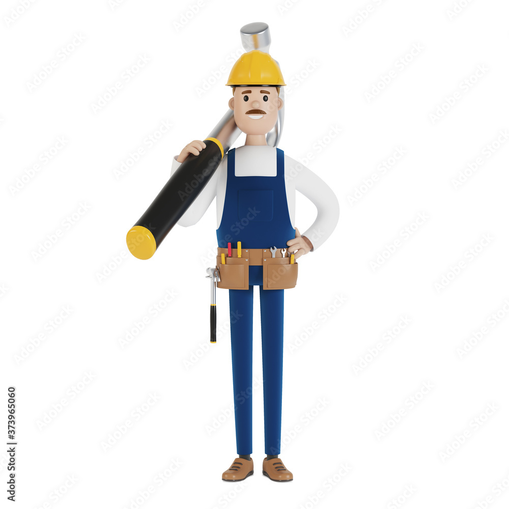 A builder with a hard hat and a big hammer. Construction worker. 3D illustration in cartoon style.