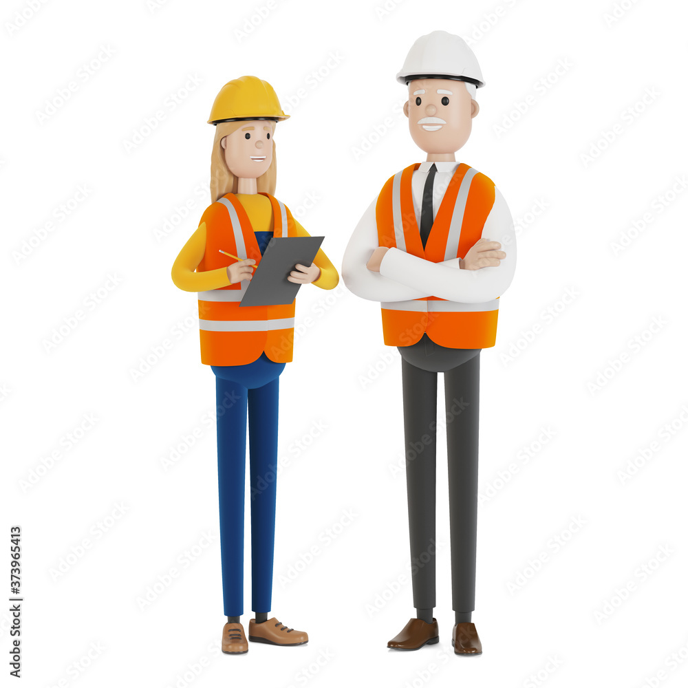 Quality control, production inspection. A civil engineer tells a female inspector about the work done. 3D illustration in cartoon style. Quality control, production inspection. A civil engineer tells a female inspector about the work done. 3D illustration in cartoon style.