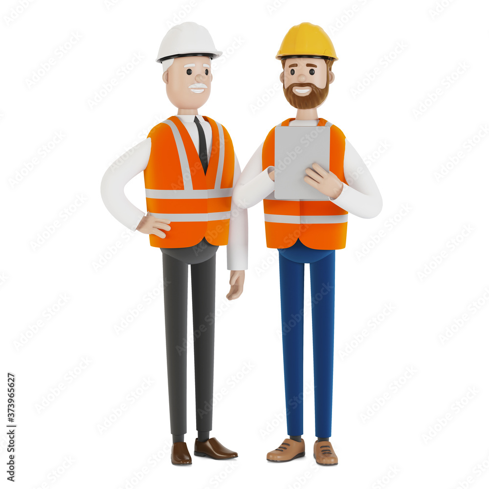 Two engineers in hard hats discuss a project using a tablet. 3D illustration in cartoon style. Two engineers in hard hats discuss a project using a tablet. 3D illustration in cartoon style.