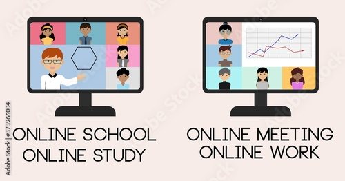 online school and meetings, e-learning, e-meetings, computer based work and school through internet vector illustration flat style
