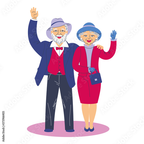 Happy elderly couple fashionably dressed in retro style with raised hands in greeting. Grandparents characters in cartoon style