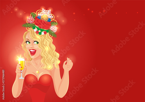 Christmas party banner with a sexy blond  Santa girl in a red dress and a funny headdress holding a glass of champagne on red background with copyspace