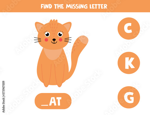 Find missing letter and write it down. Cute cartoon cat.