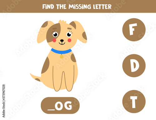Find missing letter and write it down. Cute cartoon dog.