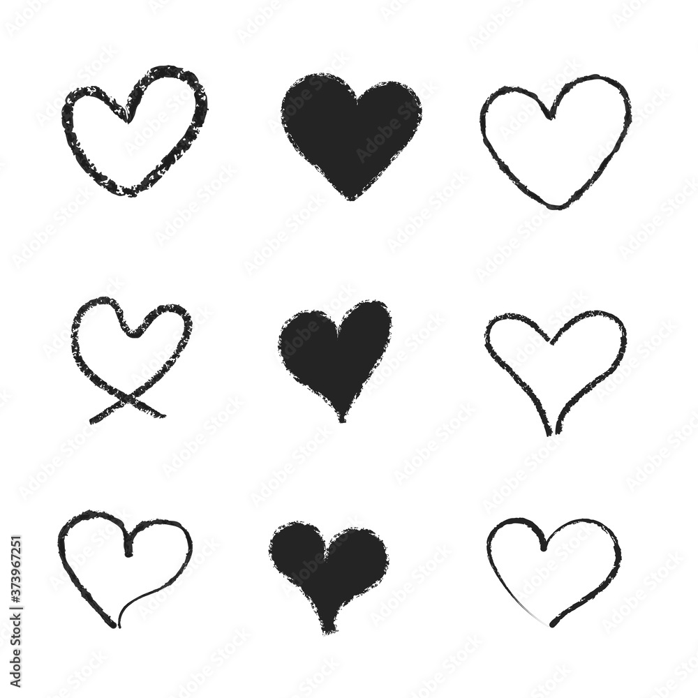 Set of nine doodle heart with hand drawn style. black love sketch doodle isolated on white background