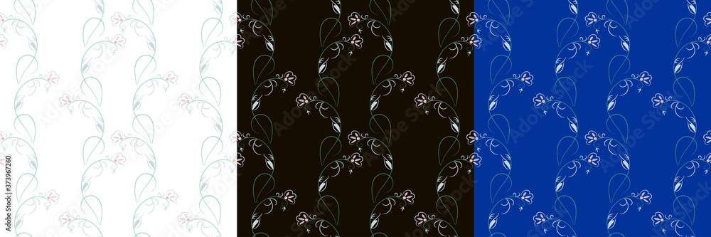 Vector seamless floral pattern with three background options. Imitation of pastel technique, decorative leaves, small flowers and curls on a white, black and blue background. Print for fabric design. Vector seamless floral pattern with three background options. Imitation of pastel technique, decorative leaves, small flowers and curls on a white, black and blue background. Print for fabric design.