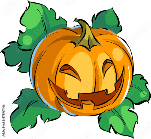 Cartoon halloween Jack pumpkin with green leaves. Autumn vector illustration pumpkin.