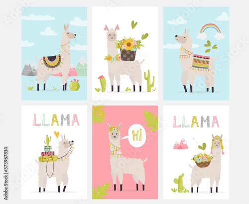 Card design with cute llama and cactus. Vector illustration for cards, invitations, print, apparel, nursery decoration.