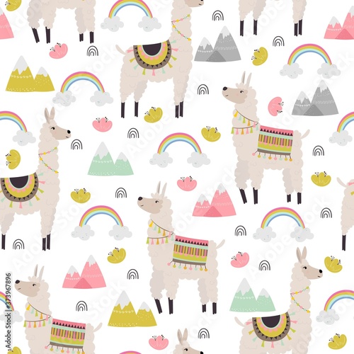 Seamless vector pattern with llamas and alpaca, flowers, mountains, rainbow. Illustration for children textile design.