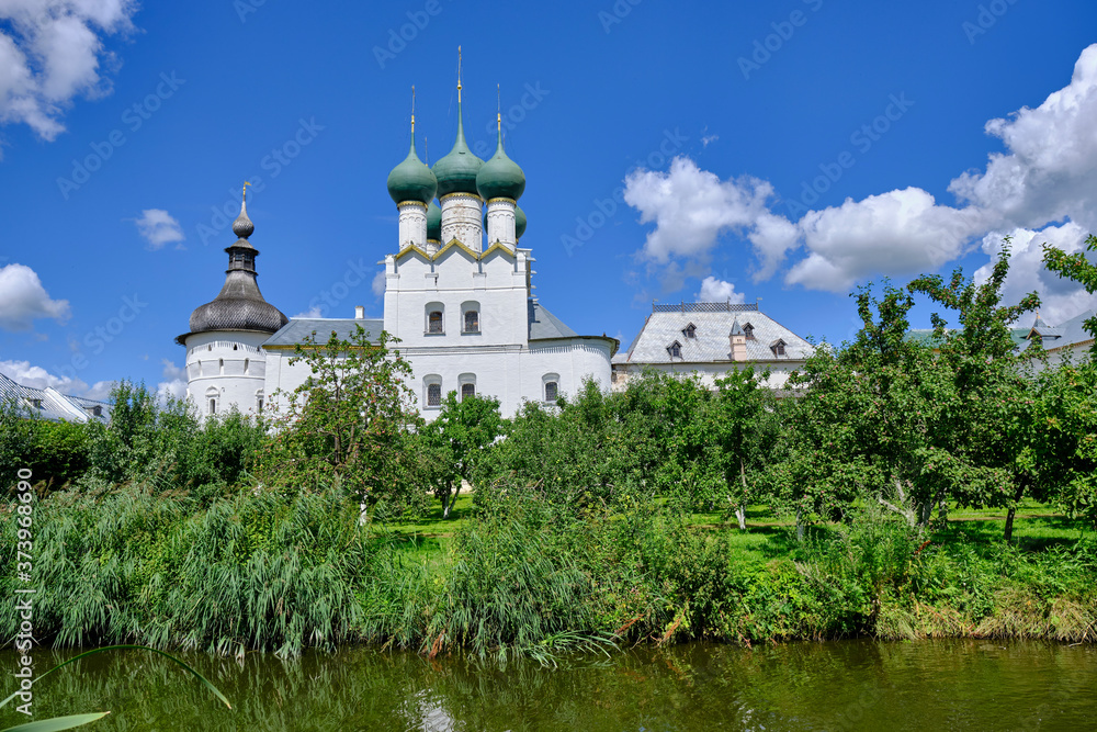 Scenic view of old Assumption Cathedral in Kremlin of Rostov Veliky in Yaroslavl Oblast in Russian Federation. Beautiful summer sunny look of orthodox temple in center of ancient fortress