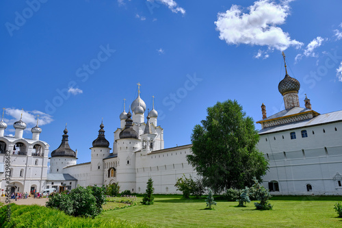 Scenic view of old Assumption Cathedral in Kremlin of Rostov Veliky in Yaroslavl Oblast in Russian Federation. Beautiful summer sunny look of orthodox temple in center of ancient fortress photo