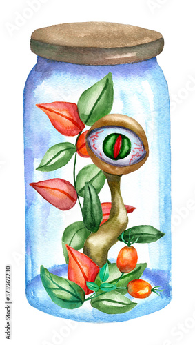 Watercolor Halloween jar, bottle with a magic plant with an eye, leaves, flower. Witch's herbs in a terrarium, witchcraft ingredient for a potion. Hand-drawn illustration isolated on white background