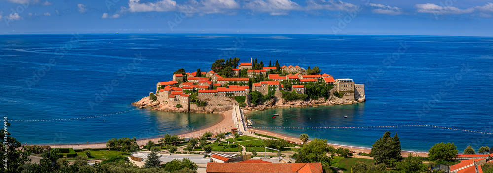 View of Sveti Stefan luxury resort island on the Adriatic sea coast, Montenegro - obrazy, fototapety, plakaty 