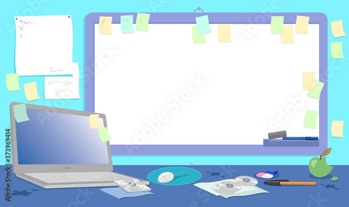Messy office desk with blank whiteboard vector illustration