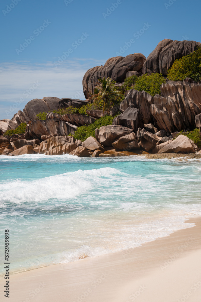Naklejka premium Grand Anse beach at La Digue island, Seychelles