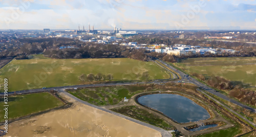 watercolor illustration: Aerial view of a rainwater retention basin with roads and a large meadow area and an industrial city in the background