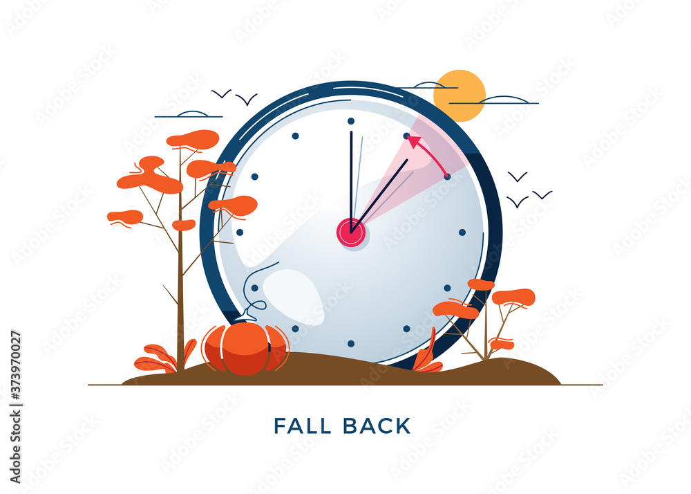 Daylight Saving Time concept. Autumn landscape with text Fall Back, the