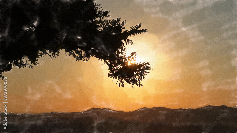 watercolor illustration: Golden hour in Anatolia in Turkey with the slhouette of a deciduous tree in front of the low sun watercolor illustration: Golden hour in Anatolia in Turkey with the slhouette of a deciduous tree in front of the low sun