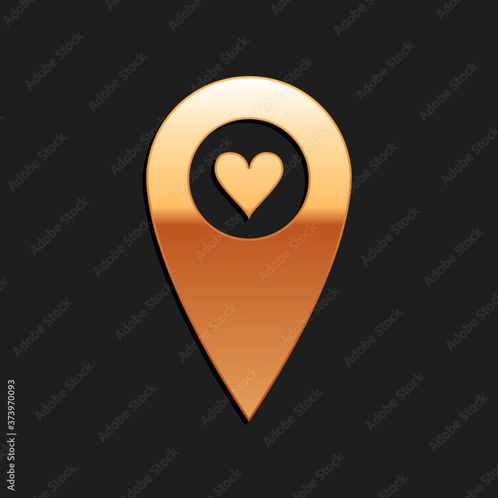 Gold Map pointer with heart icon isolated on black background. Valentines day. Love location. Romantic map pin. Long shadow style. Vector. Gold Map pointer with heart icon isolated on black background. Valentines day. Love location. Romantic map pin. Long shadow style. Vector.