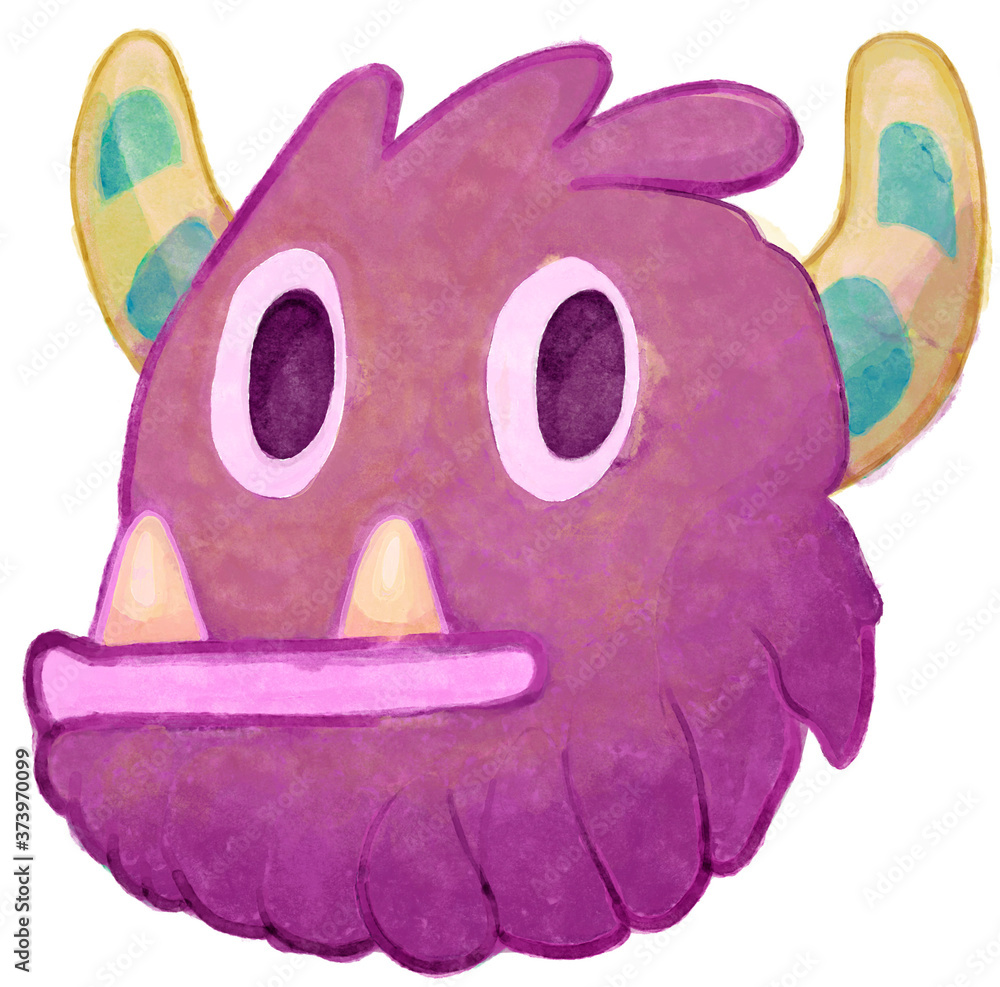 Pink horned monster head. Cute cartoon halloween character with  white background.
