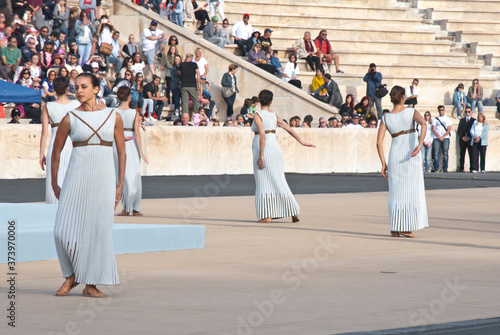 Athens, Greece - April 27, 2016: Olympic flame handover ceremony at the Panathenaic stadium in Athens