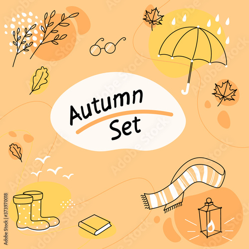 Autumn set with leaves, scarf, umbrella, glasses, book. Colorful vector illustration