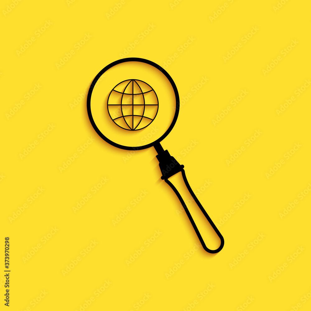 Black Magnifying glass with globe icon isolated on yellow background. Analyzing the world. Global search sign. Long shadow style. Vector. Black Magnifying glass with globe icon isolated on yellow background. Analyzing the world. Global search sign. Long shadow style. Vector.