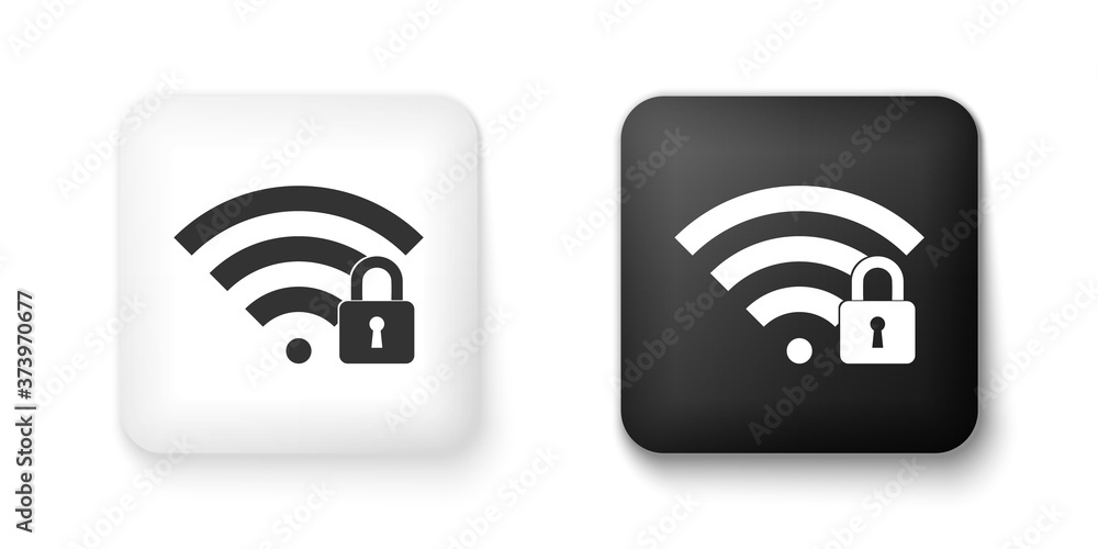 Black and white Wifi locked icon isolated on white background. Password Wi-fi symbol. Wireless Network icon. Wifi zone. Square button. Vector. Black and white Wifi locked icon isolated on white background. Password Wi-fi symbol. Wireless Network icon. Wifi zone. Square button. Vector.