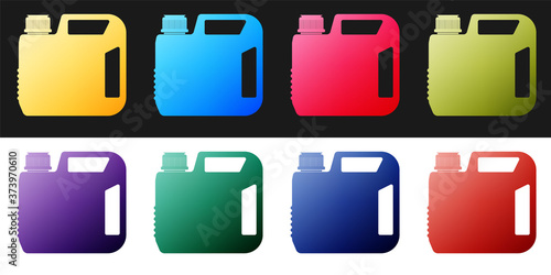 Set Plastic canister for motor machine oil icon isolated on black and white background. Oil gallon. Oil change service and repair. Engine oil sign. Vector.