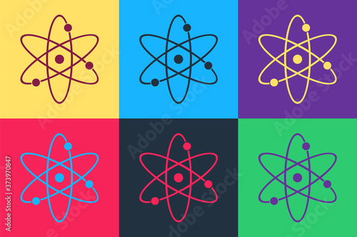 Pop art Atom icon isolated on color background. Symbol of science, education, nuclear physics, scientific research. Electrons and protonssign. Vector.