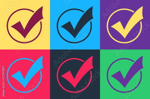 Pop art Check mark in round icon isolated on color background. Check list button sign. Vector.