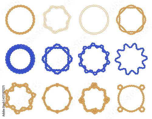 Round sea knot frame. Circle rope decorative frames, marine twisted knot borders, vintage nautical frame circle vector illustration icons set. Twine string rope, circle frame marine collection