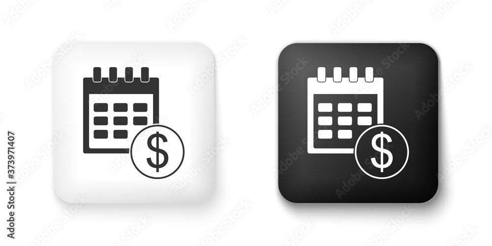 Black and white Financial calendar icon isolated on white background. Annual payment day, monthly budget planning, fixed period concept, loan duration. Square button. Vector. Black and white Financial calendar icon isolated on white background. Annual payment day, monthly budget planning, fixed period concept, loan duration. Square button. Vector.