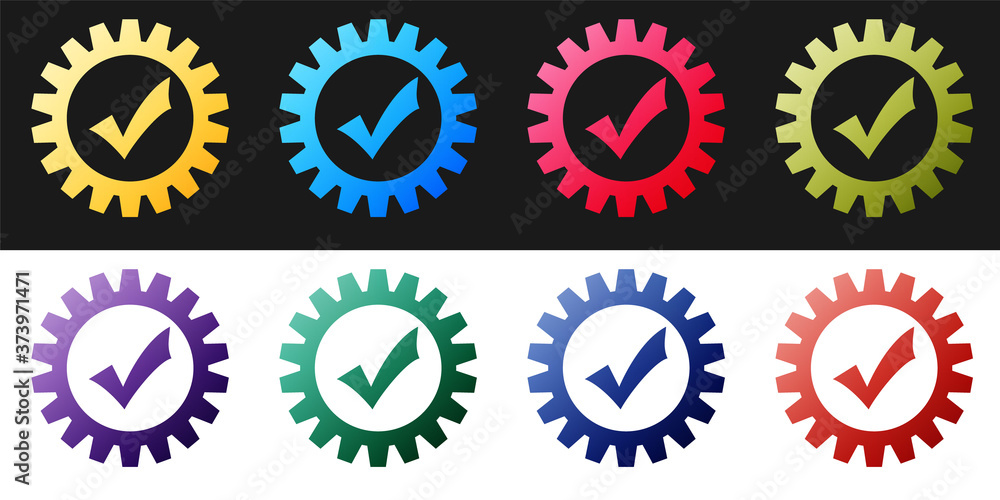 Set Gear with check mark icon isolated on black and white background. Cogwheel simple icon. Approved service sign. Transmission Rotation Mechanism symbol. Vector. Set Gear with check mark icon isolated on black and white background. Cogwheel simple icon. Approved service sign. Transmission Rotation Mechanism symbol. Vector.