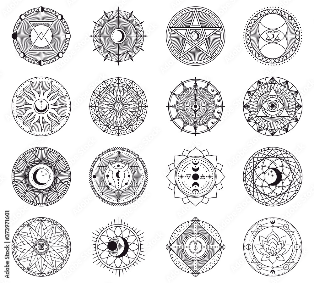 Witchcraft circular symbols. Magical spell circle, esoteric witchcraft mystery signs, occult magic spell circle vector illustration icons set. Witchcraft and occult esoteric icons Witchcraft circular symbols. Magical spell circle, esoteric witchcraft mystery signs, occult magic spell circle vector illustration icons set. Witchcraft and occult esoteric icons