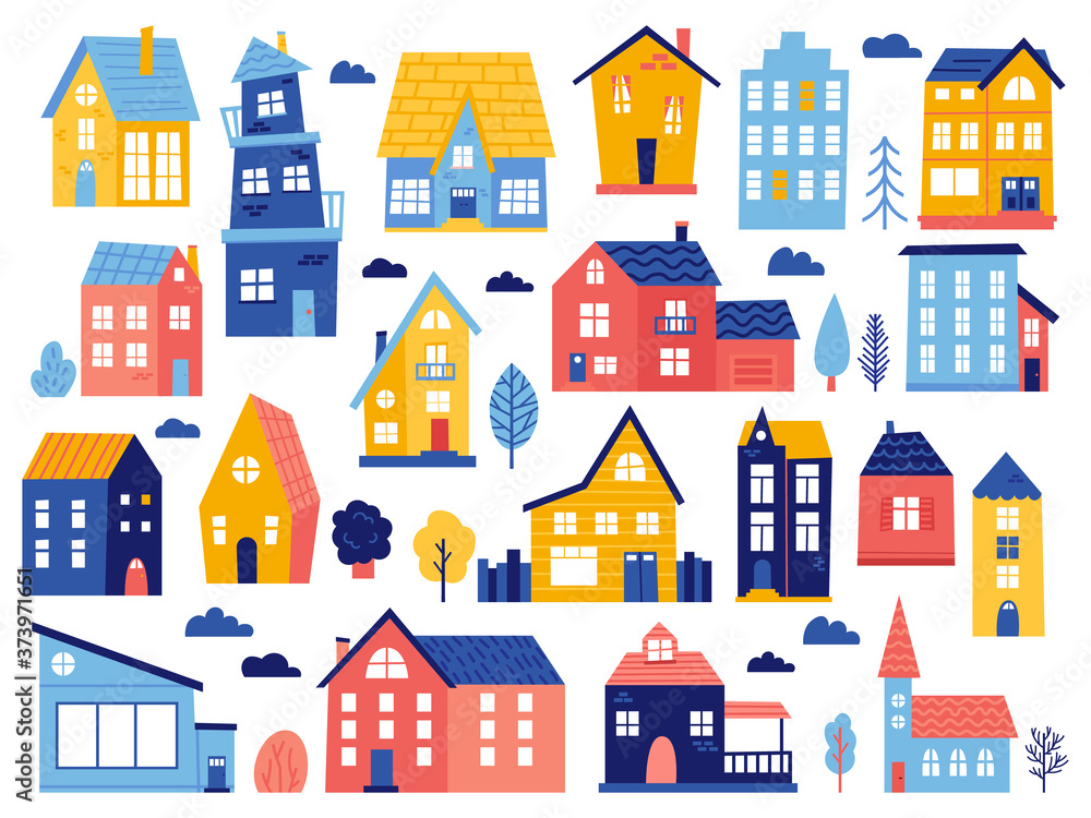Doodle cottages. Cute tiny town houses, minimal suburban houses, residential town buildings vector icons. Exterior tiny village building, illustration of home cartoon architecture, urban residential